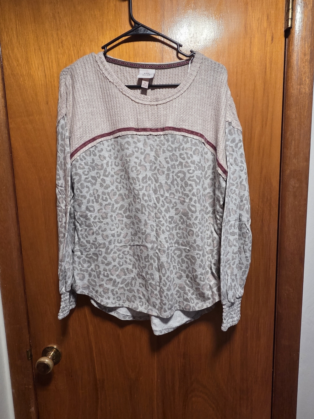 Knox Rose Waffle-Knit Top with Maroon Trim and Neutral Leopard